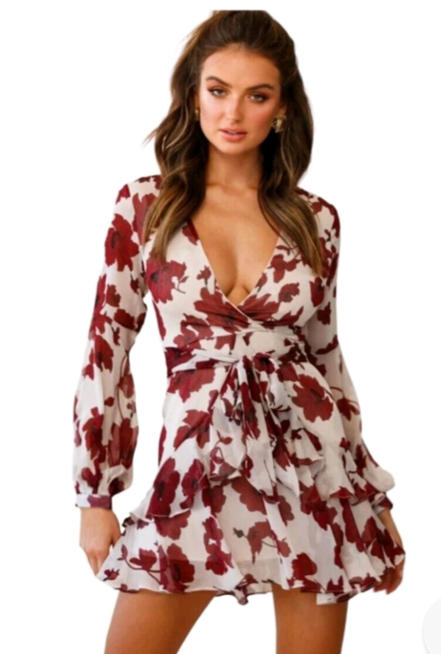Saints + Secrets Faux Wrap Ruffle Mini Dress Beige and Burgandy floral EUC sz Sm